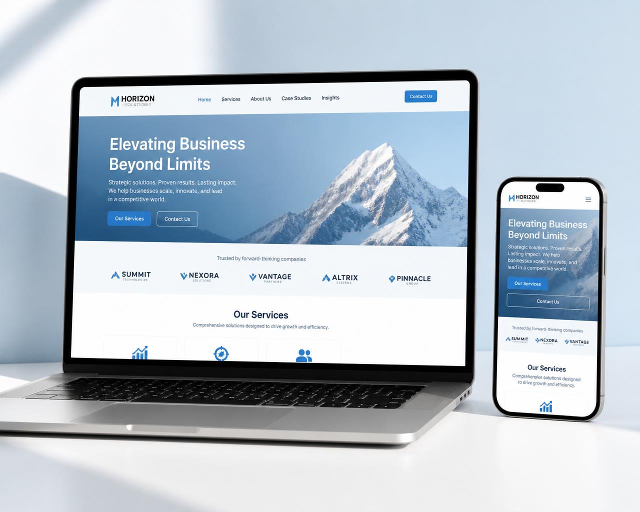 Notebook e smartphone exibindo um site profissional moderno