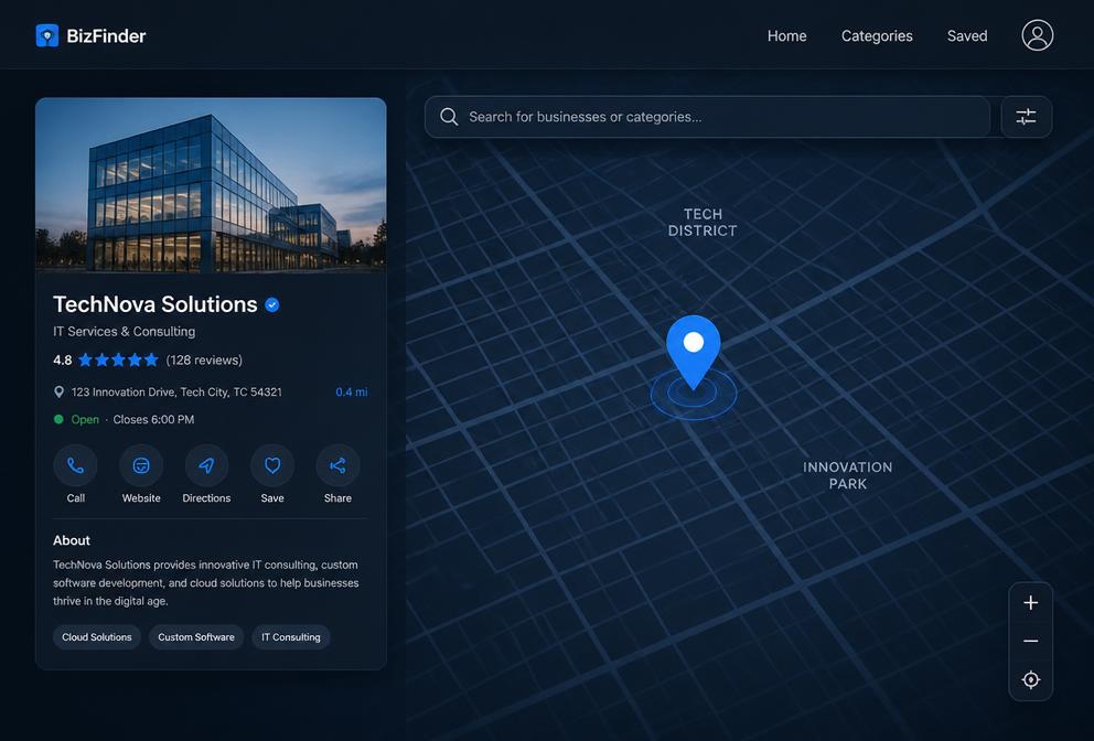 Mapa com marcador de localização, avaliação em estrelas e busca no Google